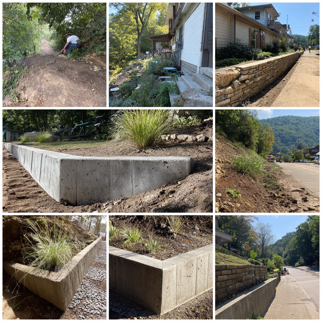 Recent hardscaping projects: concrete and natural-stone retaining walls, walkways, and landscaping across Pittsburgh